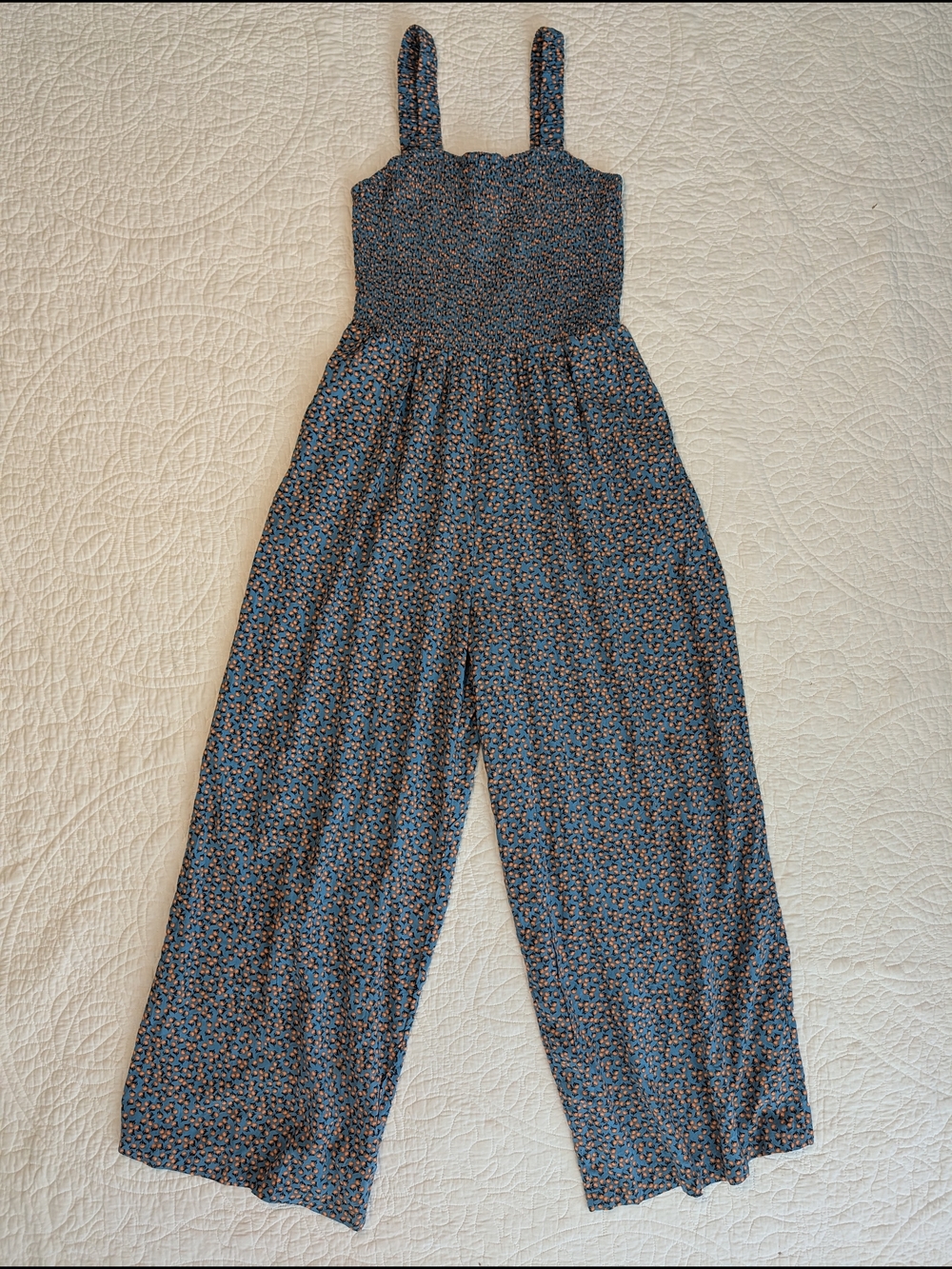 Smocked Blue Floral Wide-Leg Jumpsuit